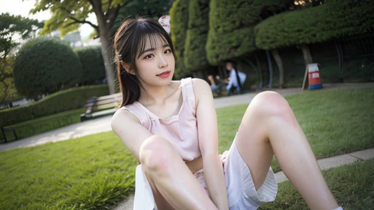 realistically, 1 girl, ponytail, brown eyes, glowing eyes, white short skirt, Blush, daytime, sun light, Strapless, Wet from the rain, Seethrough, Sit with your knees raised., crotch, nipples, pussy, armpit 