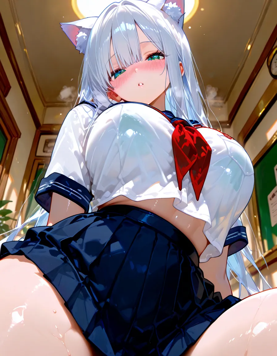 (masterpiece, Best quality: 1.2), One, 1 girl, Konosuba ,Water, Smile on your face, looks at the viewer, Hair rings, your legs are bare, bare hands, , a white blouse, huge breasts, black pencil skirt, skirt, miniskirt, microskirt, thigh high, plaid, plaid skirt, fishing nets, behind, panties, Good, Lingerie, crop top, shirt, Transparent tank top, big breasts, Giant breasts, Mid thighs, nipples visible, leans over, Bedroom, camera looks from below, view between legs