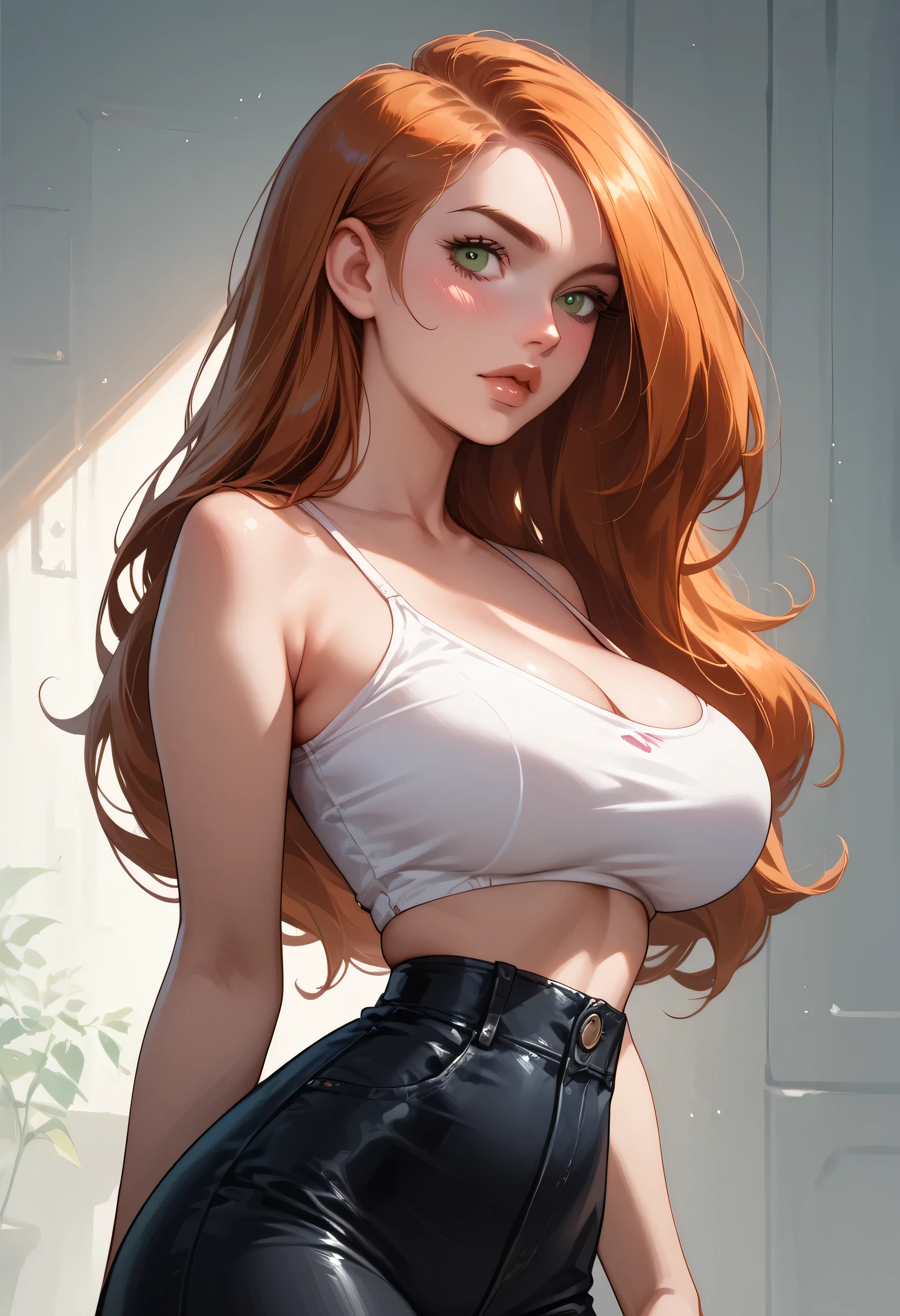Caucasian pale, woman with middle parted long cherry red hair, blue grey eyes, wearing a black crop top and a black skirt