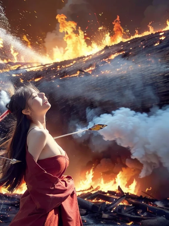 (Full body pictures,Full body display),((epic work,china battlefield,woman wearing flowing white gauze skirt,wet,Water Goddess,There is a pair of water wings behind him,The whole body is fairy,Shoot from behind,from below,Rich scene details,There is smoke everywhere,There is a tall tower in the distance,The flames dye the sky red)),(25 years old,The expression is majestic and serious,bulge),((anatomically correct,8K, Super detailed, UHD, masterpiece, Super detailed, high detail, high quality, Winning, best quality, High resolution, 1080P, HD, 4K, 8K, accurate))