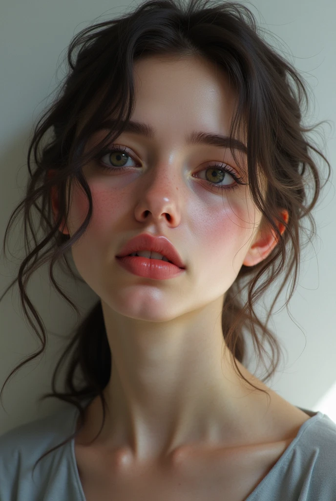 Beautiful girl with messy brown wavy long hair with side bangs, hair down, 18 year old, pouty pink lips, big brown doe eyes, , innocent looking, freckles, emotionless, fictional, small frown, sleepy eyes