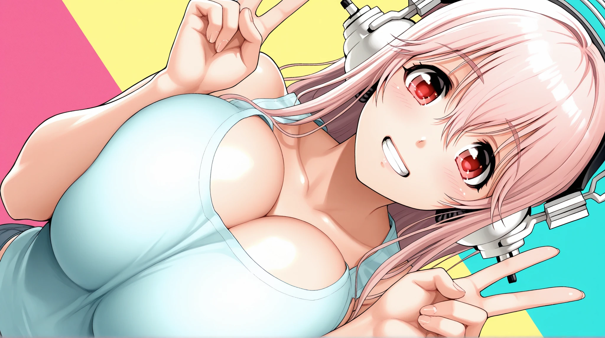 (best quality), (very aesthetic), (ultra-detailed), (best illustration), 1 girl ,Super Sonico, pink Bikini, Happy