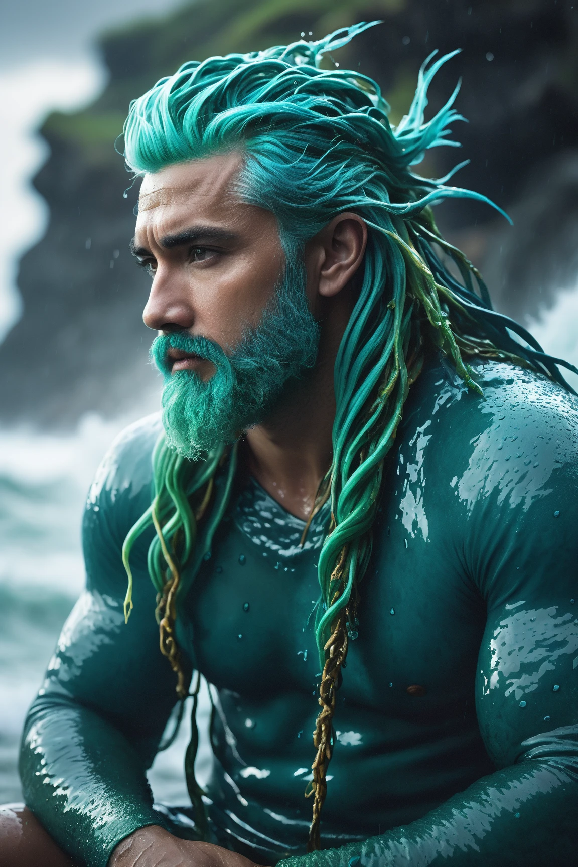green hair man, short hair, bearded, muscular, god-like , powerfull, nature power, masterpiece,best quality,ultra-detailed, wet body, sweaty, half smile, looking at viewer, taking off his gray underware, vpl
