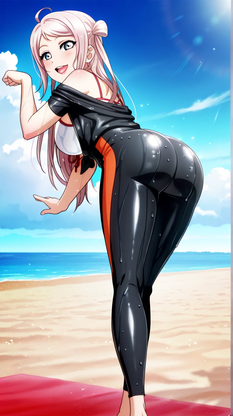 anime, best quality, high quality, highres, beautiful women, tanned gyaru, blonde hair, high detail, good lighting, lewd, hentai, (((biker shorts))), ((wet clothes)), ((soaking wet)), ((wetlook)), bare thighs, nice legs, (((wetting herself))), (((peeing herself))), (((peeing self))), pee streaming down legs, peeing stain, (puddle), (thick thighs), nice long legs, lipstick, detailed face, pretty face, seductive face, aroused, sexually excited, ((in the ocean at public beach)), ((view of butt))