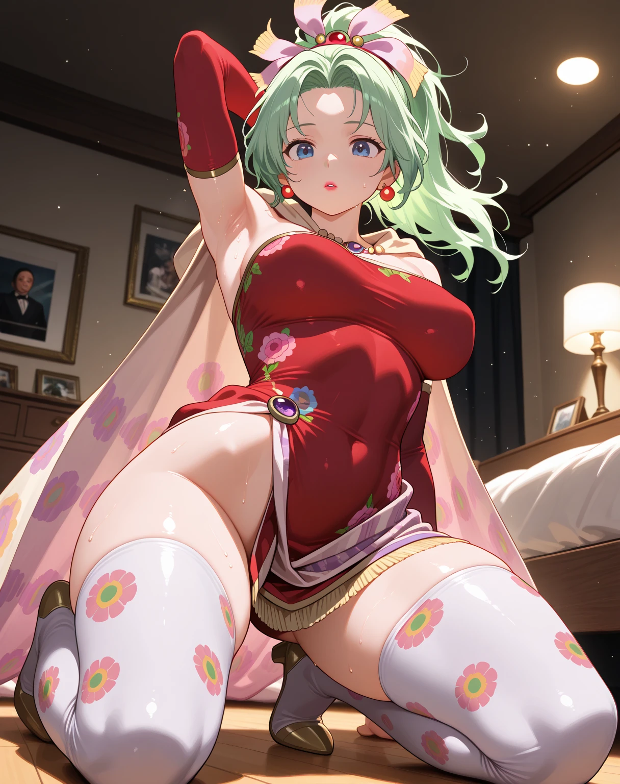 {best quality}, {very aesthetic}, {ultra-detailed}, {best illustration}, woman,((light green long ponytail)),(pink eye),pov,((orgasm face)),(steam),(light red silk bra),1woman,(light red silk panties),nsfw,(from below),(white nurse),(feet up)