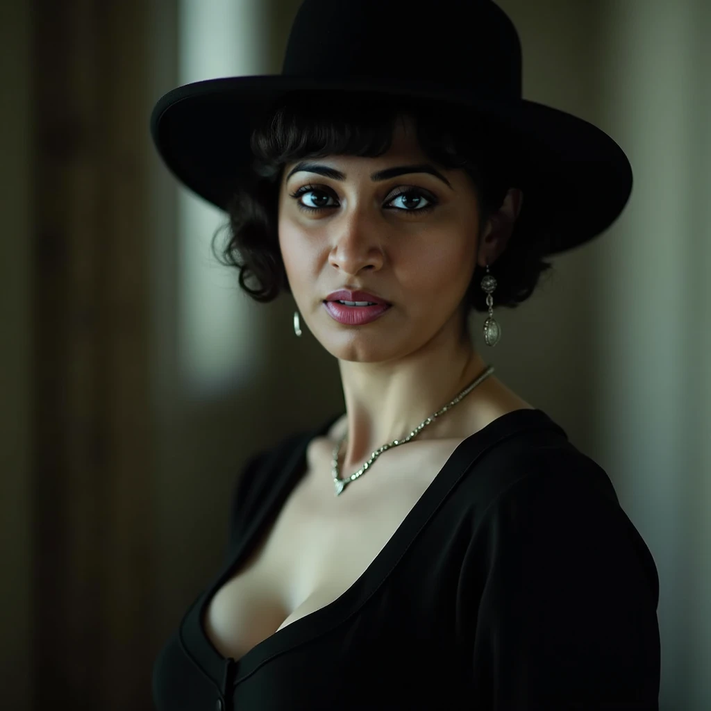 Looks like Anushka Shetty, sexy outfit, thick figure, bulky figure, ((Master piece, very realistic, best quality, highly detailed, Frontal view, DELICATE, PORTRAIT, WOMAN 36yo, AESTHETIC)) shallow depth of field, realism, photography, good proportions, narrow depth of field, tilt shift look, bokeh, anamorphic look, cinematic, dark and moody, ((a pale white complexion MODE with short WHITE color hair and bangs and smokey eye makeup, BLACK lips)), wearing black fashion designed by Rick Owens, a dark photograph by Tim Walker and Tom Hoops and Matt Mahurin, a dark liminal space, a desolate seedy hotel room with peeling wallpaper and black painted walls, symbolism, primordial fluids, uneasy feeling, dark occult imagery, melancholic ((very aesthetic))