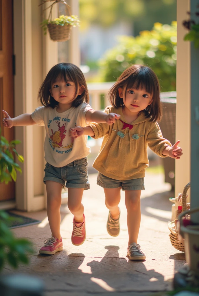 Two little girls standing on a brick road in the park, Ruan Jia and Fenghua Zhong, ???, Children, sangyeob park, walking at the garden, walking at the park, jinyiwei, Li Zixin, both smiling for the camera, yanjun cheng, ruan jia and brom, 2 years old, zmonzheng