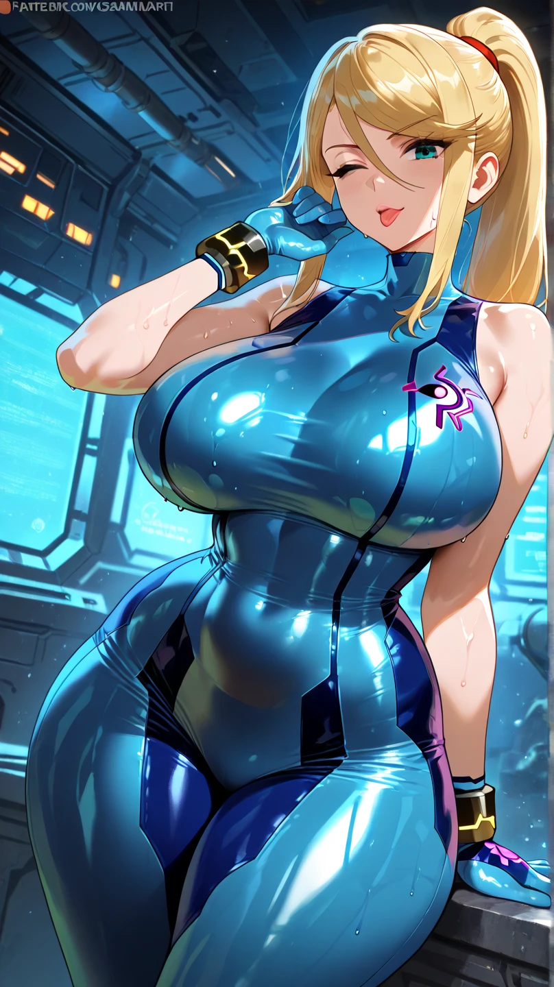 (((best quality))), (((high resolution))), (((masterpiece))), ((ultra-detailed)), (illustration), ((an extremely delicate and beautiful)), ((super detail)), (((20 years old))), ((adult)), (((tall))), gleaming skin, shiny body, breast focus, (((((ultra-huge breasts))))), sadistic smile, ((big round eyes)), cute eyes, drooping eyes, two hands, five fingers, no extra hands, two legs, slender legs, ((biopunk)), ((metallic cloth)), (android), gynoid, delicate metal decorations, (medium length hair), (hair shorter than shoulder), braid, pony tail, (shining brightly), daytime, city, (dark pink blond), (metallic blue), (latex), soaking wet, pussy juice, (((bare legs))), (cybernetics), ((blue slime woman)), ((topless)), ((super heroine)), (slimy shining), nsfw,
