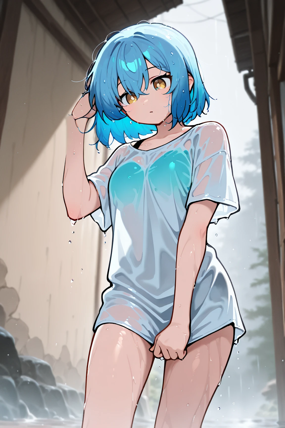 score_9, score_8_up, score_7_up,expressive eyes,1 girl, straight cut,hair over forehead, smooth hair,mixed colored hair,orange eye, swirly eyes,necklace,two side up, revealing shirt, loose shirt, dolphin shorts,in park, closed mouth, :t, pout, mad ,thunderstorm,wet, nighttime
