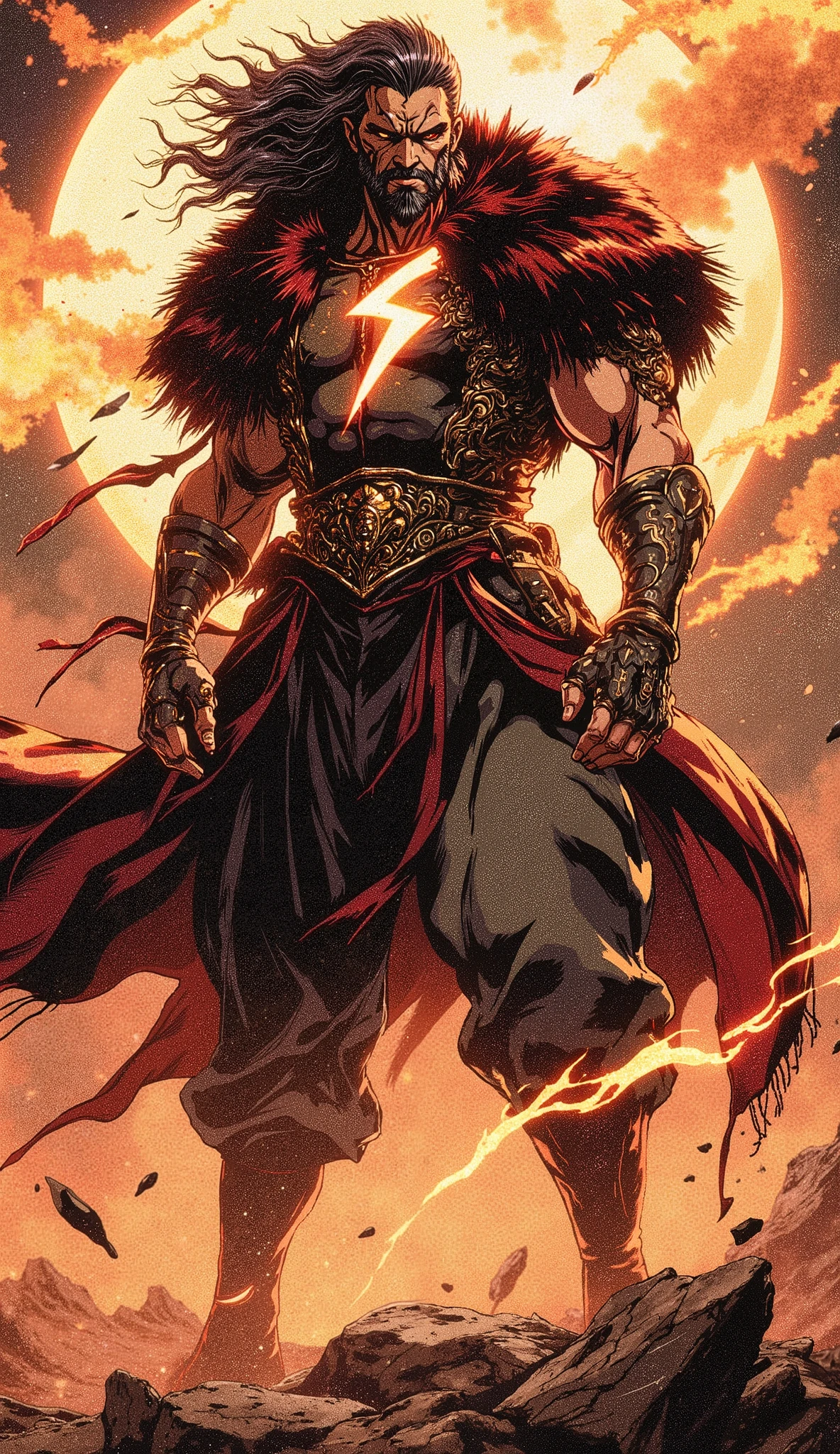 Epic digital painting, cinematic character concept art. An imposing wuxia hegemon, a titan of a middle-aged man with herculean muscle definition. He has a chiseled, weathered face with a confident, arrogant smirk playing on his lips, his piercing eyes glowing like molten gold. A glowing, arcane lightning bolt tattoo scars his left cheek. A wild, wind-whipped mane of crimson and onyx-black hair crackles with latent energy. He wears a masterfully crafted, short-sleeved wuxia jacket of black silk embroidered with intricate gold dragons, worn open over dark, form-fitting blackened steel scale mail. A heavy, luxurious shawl of black dire wolf fur is draped across his immense shoulders. He wears rugged canvas trousers, vambraces of intricately carved obsidian, and tall, imposing black leather boots. He stands in a dominant, earth-shattering stance upon a fractured, desolate battlefield. His overwhelming chi aura manifests as a visible storm of raw power, violently shattering the ground beneath him and levitating jagged shards of rock and glowing embers in a swirling vortex around him. Cinematic, dramatic lighting, volumetric god rays piercing through a dusty atmosphere. Epic fantasy, masterpiece, best quality, hyper-detailed, intricate details, sharp focus, perfect anatomy, flawlessly rendered hands.