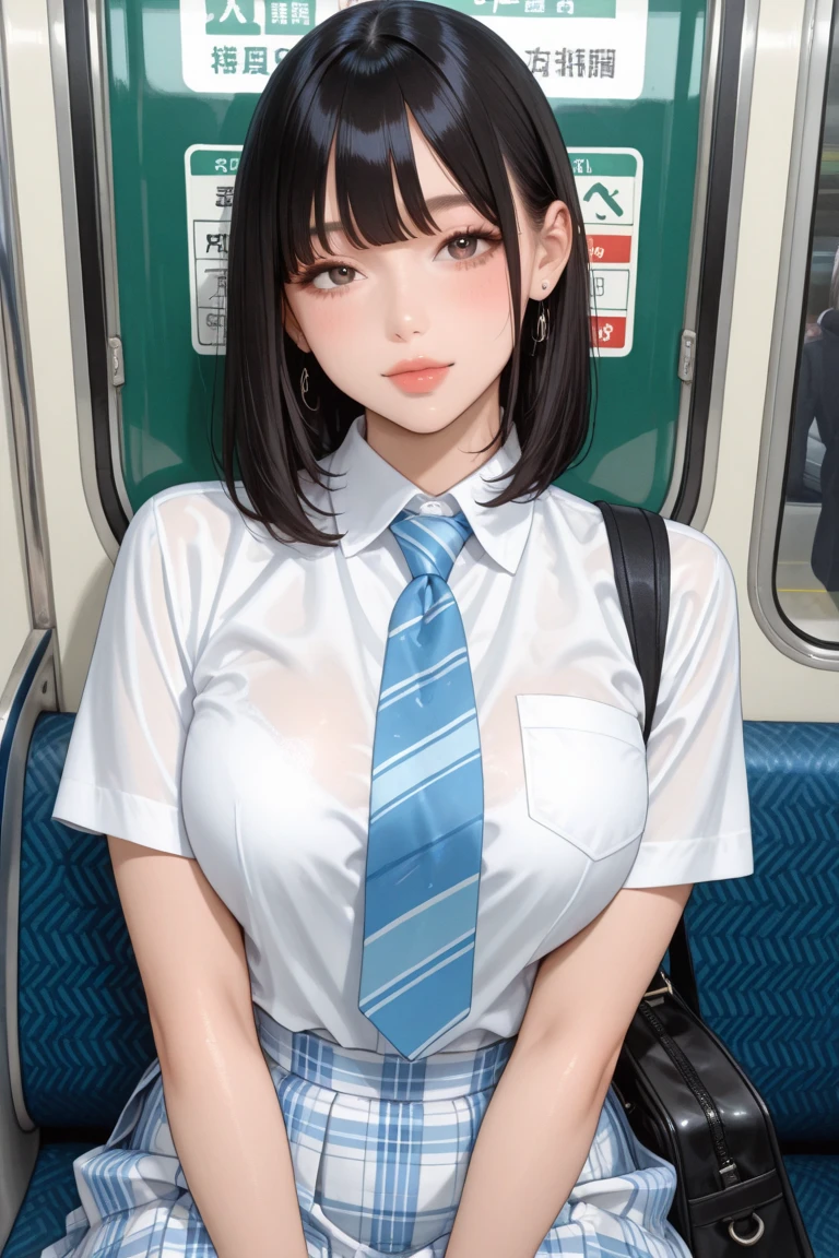 (masterpiece:1.3), high resolution, ultra detailed, extremely detailed CG unity 8k wallpaper, realistic, photo-realistic, RAW photo, beautiful detailed face, pale skin, realistic glistening skin, detailed cloth texture, detailed hair texture, Perfect body, Beautiful Face, accurate, Anatomically correct, Highly detailed face and skin texture, natural neck length, (beautiful hands), (small face), (fair skin:1.2), (no makeup)
BREAK,
high school girl, japanese, 18 years old, (gigantic breasts, narrow waist, gigantic butts), Detailed eyes, symmetric eyes, Light Brown eyes, Double eyelids, short bob hair, bangs, (big eyes, droopy eyes, long eyelashes, Thin eyebrows), thick lips), (Glossy lips:1.4), ((cute face:1.3)), (temptation, seduction, flushing), sweating, wet clothes,
BREAK,
school uniform, white collared short sleeve shirt, navy suspenders belt, navy bow tie, pleated mini skirt, navy beret, (button gap:1.5), (crowded train), sexy pose,