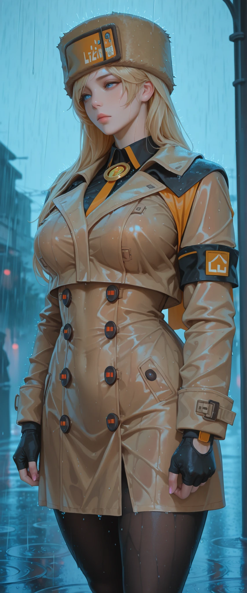 (solo:1.4), (large breasts), very awa, masterpiece, best quality, newest, highres, absurdres, realistic, photorealistic , film grain, cinematic still, intricate details, very aesthetic, (volumetric lighting), digital art style, drawn aesthetic, concept painting, ultrahigh definition, strivemilrg, long hair, blonde hair, blue eyes, ushanka, license plate, brown coat, buttons, long sleeves, black armband, black gloves, fingerless gloves, black shirt, collared shirt, black pantyhose, ((standing in the rain, heavy rain, rainfall)),