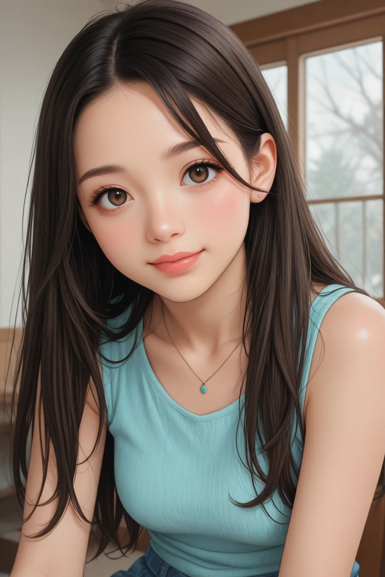 super cute girl IP by popmart,natural light,Adorable,Youthful,Animated, pixar style,Medium length hair, white background, smile,