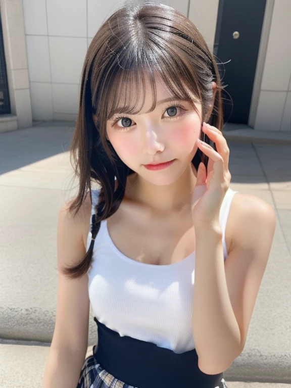 One person、14 years old、Full body photo、Twin tails、slender、woman、White drool coming out of the mouth、smile、Very short hairstyle、 Fair skin, messy hair, super cute、Soft and Face、8K resolution、Surreal、Ultra high definition、 A-cup small breasts((Highest resolution、8K、masterpiece:1.3))、Ultra-fine face、Ultra Fine Lips、Beautiful Eyes、double eyelid,Sleeveless light blue button-down shirt dress、Thighs、thin,Thighsが見える、Shapely small breasts、