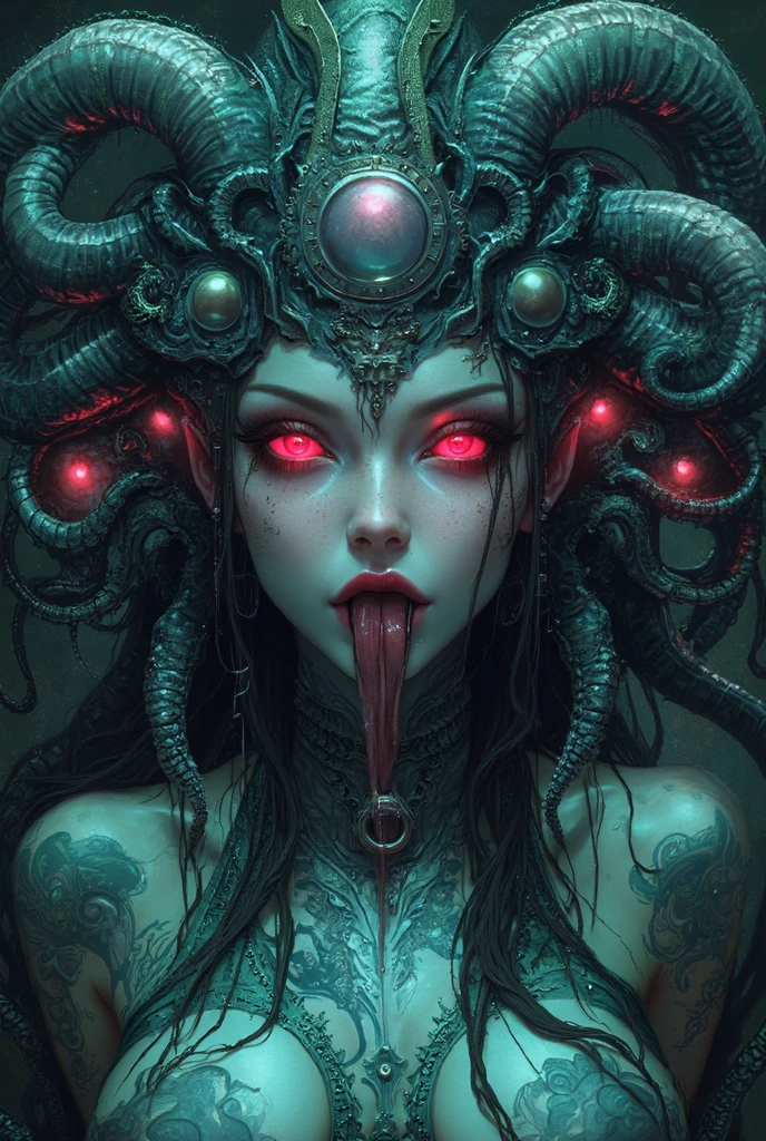 1 beautiful female demon, A scene from a science horror fiction movie, beautiful detailed eyes, (A third eye on the forehead:1.5), beautiful detailed red lips, extremely detailed face and eyes, long eyelashes, (long tongue like a snake:1.2), intricate insect-like features, glowing compound eyes, scythe-like forelimbs, alien carapace, vibrant colors, futuristic sci-fi environment, neon lights, glowing energy field, complex technological architecture, dramatic lighting, cinematic atmosphere, award winning digital art, hyper realistic, 8k, high quality, masterpiece, Bioluminescence, Translucent skin, thespiritde, white skin, (pale skin with veins visible through it:1.6), Satan's daughter, cinematic lighting, black hair