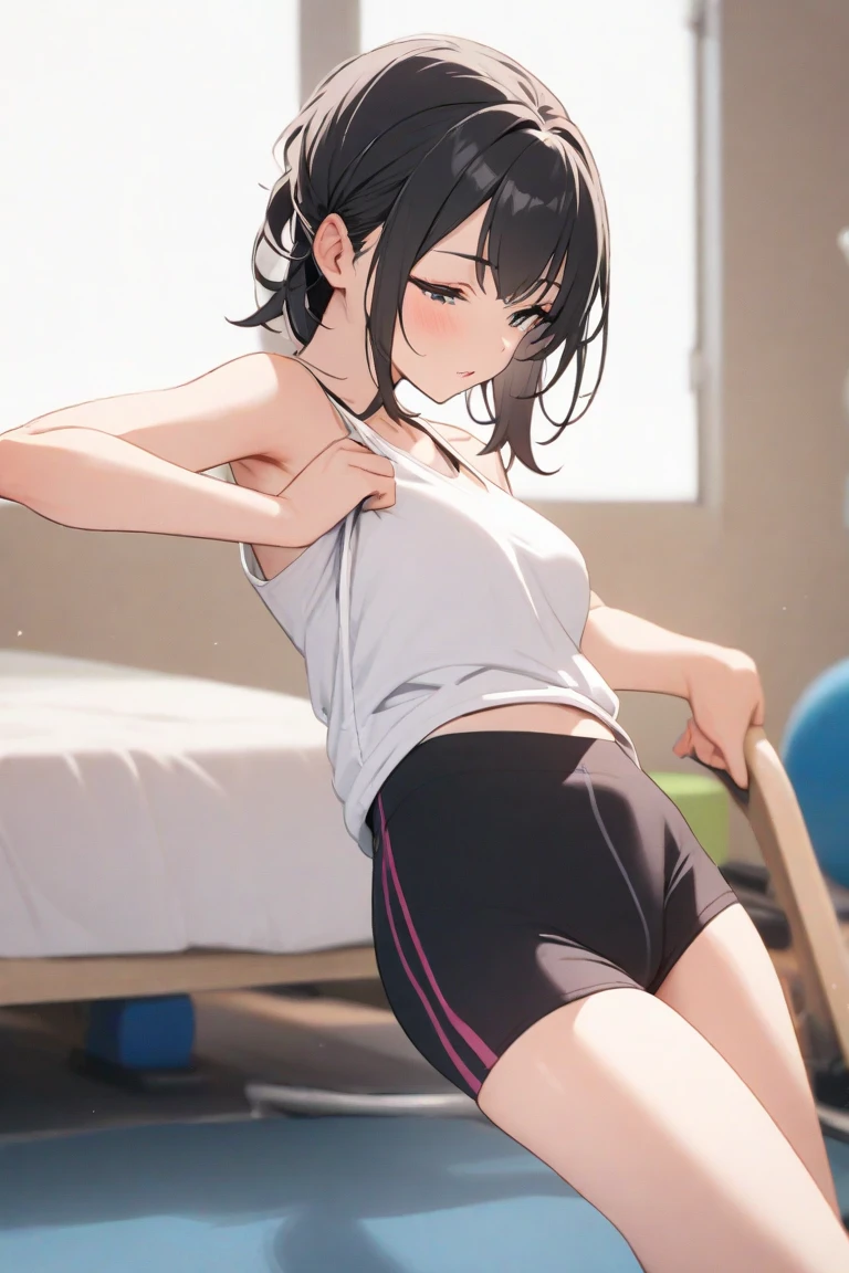 shinkai makoto, kimi no na wa., 1girl, bangs, black hair, blush, brown eyes, looking at the viewer, gym uniform, crop top, buruma, bare shoulders, short hair, solo, indoors, bedroom, shinny skin, smile, cute, thighhighs, (masterpiece), best quality