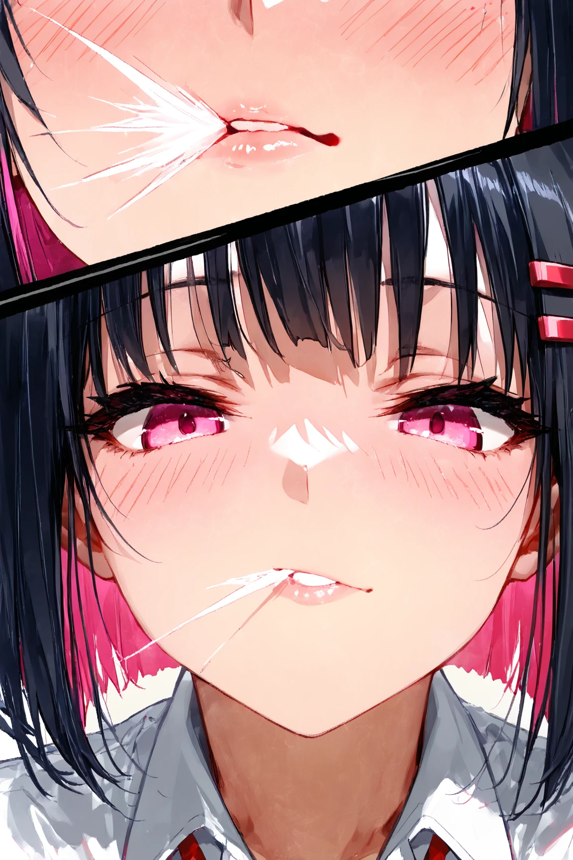 In front of the vending machine、high school girl、Black bob hair、hairpin、Penis in front of face、Open-mouthed expression of joy、Drooling((She stares at my penis with pleasure))、Hearts in the eyes、Large Breasts、Deep valley、nsfw