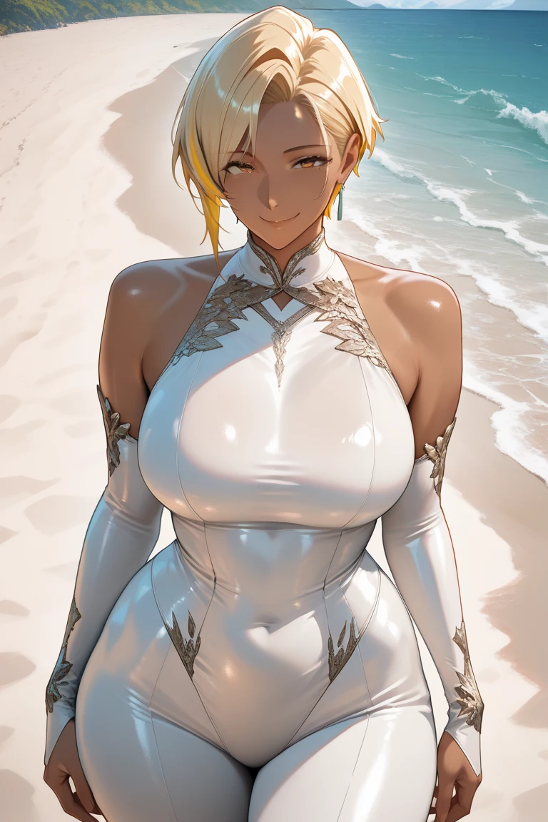 (((Haribert layer, Short hair, Blonde hair, dark skinned female, face markings, Armor, pauldrons, Skirt, cleavage, cleavage cutout, midriff, navel, 鎖骨,Tear Halibel(Armor),Crop top,Brown skin,Turquoise eyes,Short blonde hair,The cheeks have dark blue lightning-like facial lines,Black and white armor))),((Masterpiece)),A high resolution, ((Best quality)),tmasterpiece,top-quality,best qualityer,((( Exquisite facial features,looking at viewert,There is light in the eyes ))),(((Light and shadow interlace,huge boob))),(((Arapei Asian woman poses for a photo, Sexy girl, 2 9 years old, 1 9 year old, Crop top, 18 years old, 21 years old, 19-year-old girl,lying in water)))