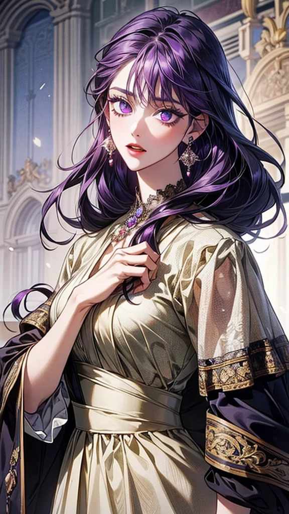 Best quality at best, Ultra-high resolution, (((1 girl))), (Long purple hair), (violet eyes), (Chinese clothes), (((Red Flowers necklace around her neck))), (Ultra Long Skirt), happy, Hanfu, Yarn, Flowing light yarn, jewelry, (focal), (((Colorful))), particle fx , tmasterpiece, Best quality at best, beautiful painted, meticuloso, highly detailed, (tmasterpiece, Best quality at best） CG unified 8K wallpaper，(( Chinese mansion)), tmasterpiece，Best quality，ultra - detailed）, Super HD picture quality