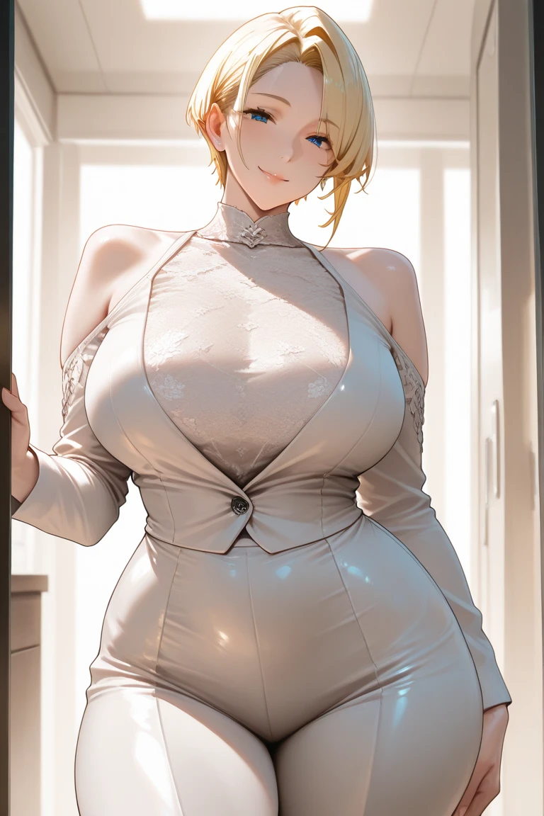 (best quality:1.5, highres, UHD, 4K, detailed lighting, shaders), white and yellow haired, gradient hair, large breasts, transparent suit, transparent gray shirt, transparent social shirt, transparent short skirt, mature woman , (pov), white background, colorful eyeshadow, dramatic lighting, sparkling eyes, sensual expression, golden earrings, flowing hair, delicate facial features, dark skin, high cheekbones, raining, urban setting, white background, dont look for the camera, full body, wet by the rain,