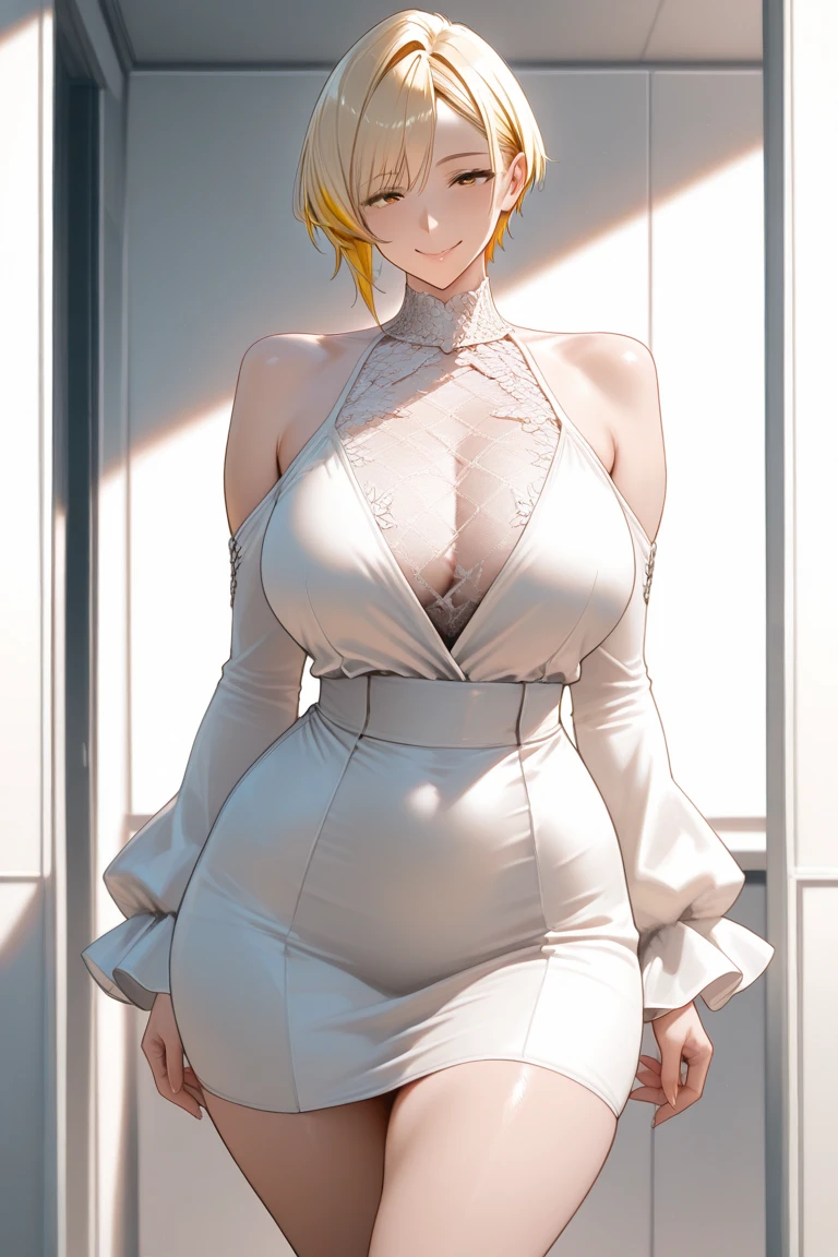 (（（Perfect body,White and tender skin,（（（BLACK KIMONO, CLEAVAGE, VAMBRACES,）））,（（（Samui, Blue eyes, blonde hair, short hair, bangs, blunt bangs,）））,((masterpiece)),high resolution, ((Best quality at best)),masterpiece,quality,Best quality,（（（ Exquisite facial features,Looking at the audience,There is light in the eyes,Poker face）））,Look up at the sky，From below）））,（（（Light and shadow,Huge breasts，Plump buttocks）））,（（（Looking at the camera,black background,)））),