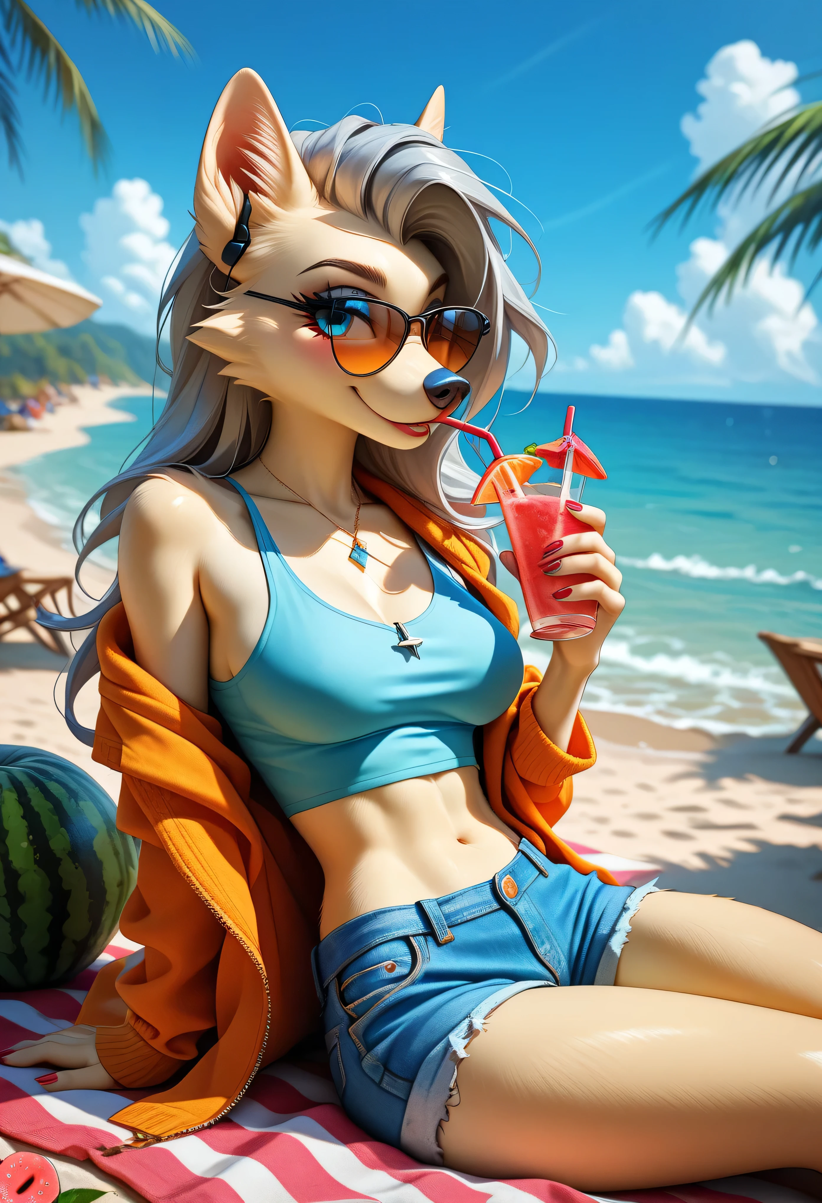 Solo, Score_9, score_8_up, score_7_up, kemono style, An Anthro furry fox girl, yellow furry body, yellow fox tail , black nose, blonde hair, braided hair, wearing blue daisy dukes, a tied white shirt, visible thong, sunglasses, sunglasses covering eyes, smirking, outdoors, sunny day, looking away, majestic, at the beach, sitting on a chair under an umbrella, in front of a food stand, legs crossed, barefoot, toe ring, 4 toes, holding a cup of boba tea, drinking boba through a straw