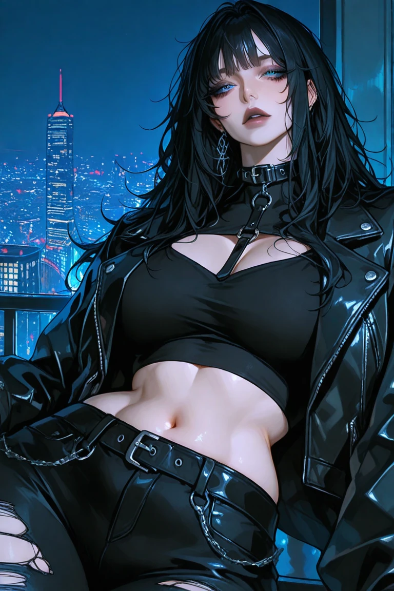 1girl, solo, (masterpiece:1.2, best quality), (finely detailed beautiful eyes: 1.2), (detailed background), (beautiful detailed face), high contrast, (best illumination, an extremely delicate and beautiful), ((cinematic light)), colorful, hyper detail, dramatic light, intricate details, (masterpiece, sidelighting, finely detailed beautiful eyes: 1.2), masterpiece*portrait, ((anime)), mature, mature female, parted bangs, forehead, black eyes, black hair, long hair, lustrous skin, solo, looking at viewer, black jacket, black bra, high collar, long sleeves, black pants, black belt, (midriff), open clothes, open jacket, black underwear, ((stomach, nice belly, deep navel, long navel, ribs)), sitting, crossed legs, ((hands in pocket)), modern city, outdoors, street