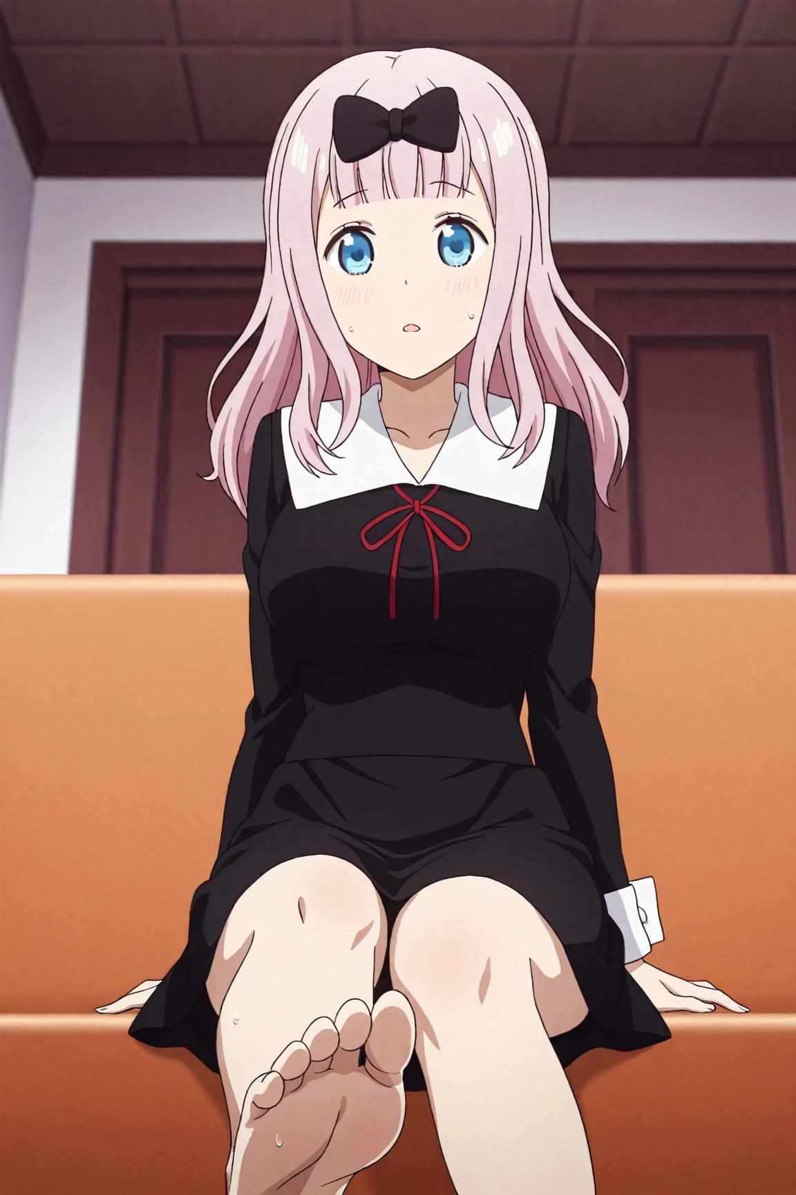 kotoyama, 1girl, solo, long hair, small breasts, looking at viewer, smug, bangs,turtleneck , on back, laundry
