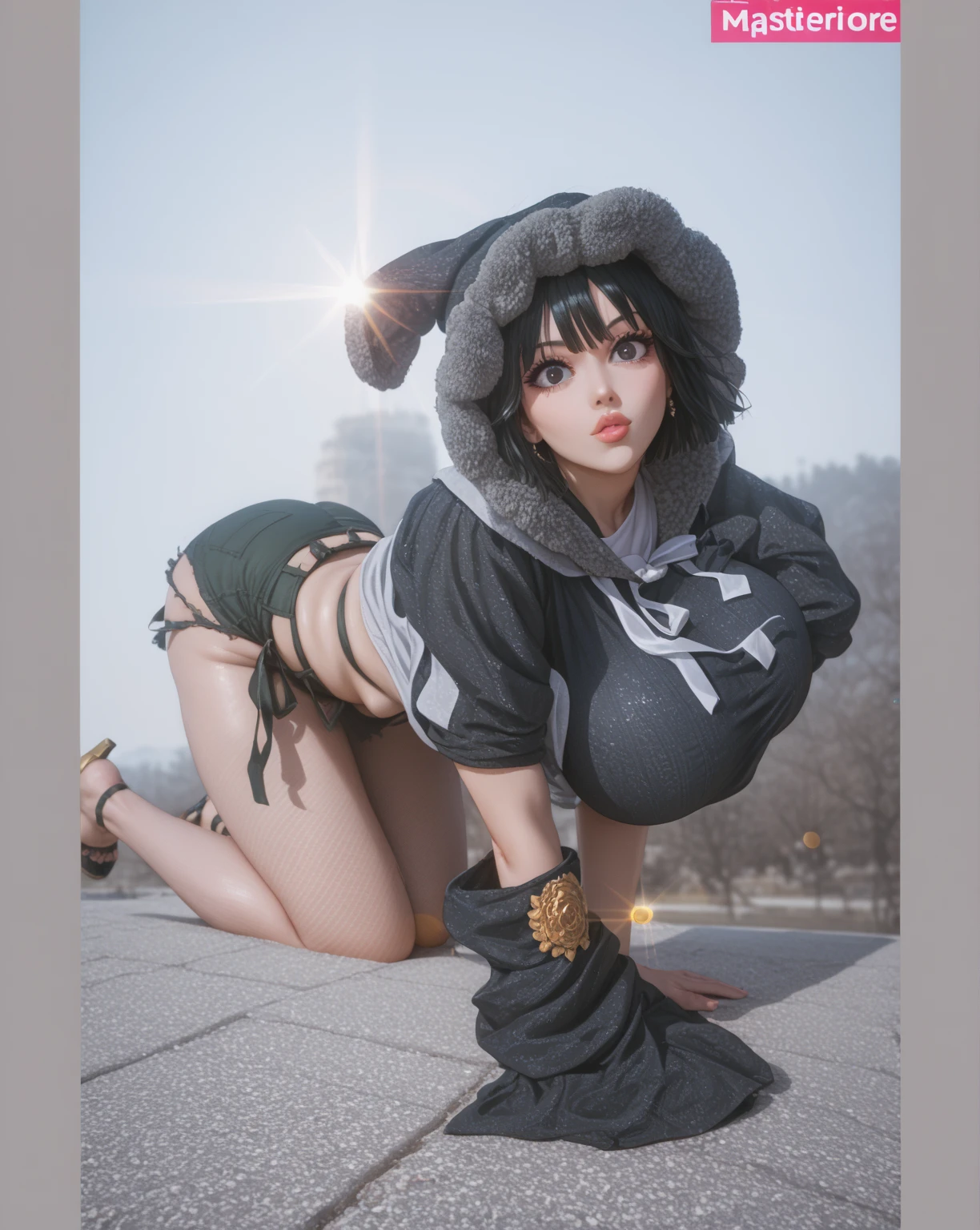 (masutepiece: 1.3), BREAK, 1girl, (dark skin:1.2), pointy ears, Chubby, (large breasts:1.1), medium hair, silver hair, blue eyes, BREAK, cardigan, cleavage cutout, cleavage, micro miniskirt, white knee socks, zettai ryouiki, kitsunemask, BREAK, from below,