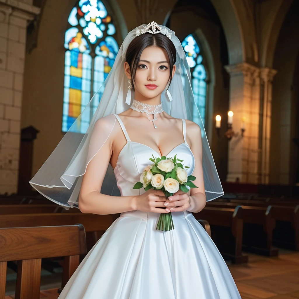 (kawaii face), (flat chest:1.2), happy smile, makeup, (Beautiful frills and lace cute wedding dress, bare shoulders:1.3), (tiaras, necklaces, earrings), Ultra High Definition, Superior Quality, Premier Quality, ultra detailed, Photorealistic, 8k, RAW Photos, highest quality, masterpiece, professional photography, Realistic portrait, Beautiful detailed, Close up portrait of girl, (chapel, stained glass), bouquet, flower decoration, beautiful bride pictures, (Fine face:1.2),