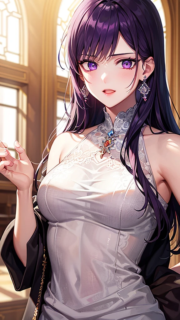 indomitable\(azur lane\), \(origen\),white_dress,indoors,from below, looking at viewer, blush, sitting, foot focus,arms at sides, masterpiece, best quality, extremely detailed face, sharp details, high contrast,