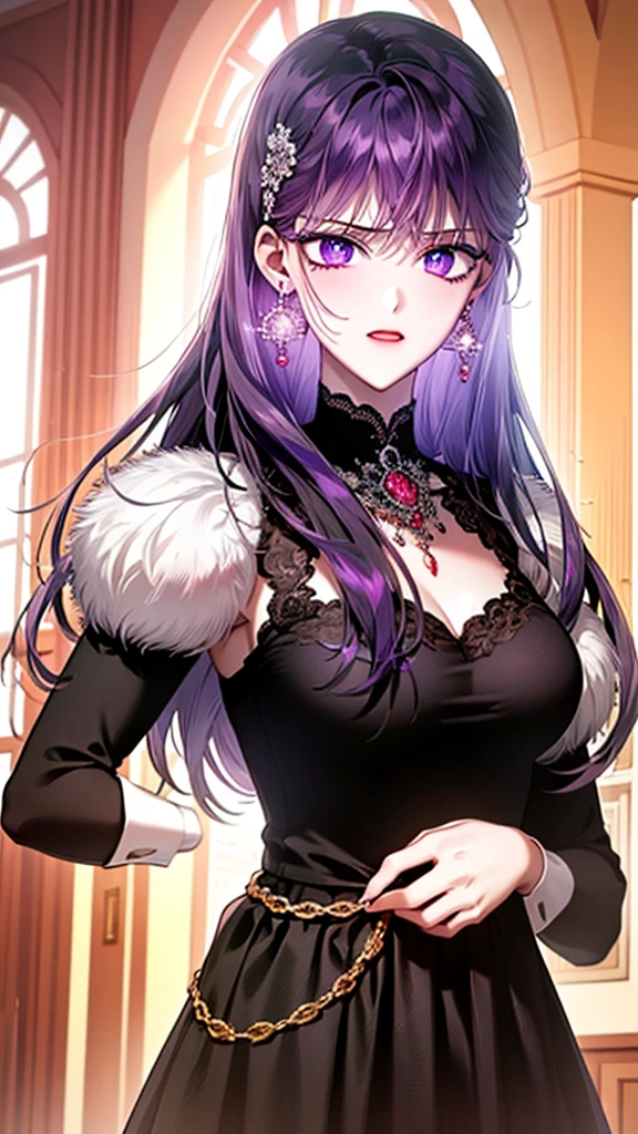 beautiful woman with long violet hair, violet eyes, pale and flawless skin, wearing a dark purple blouse, intricate detailed face, mesmerizing gaze, elegant posture, natural lighting, fantasy art, cinematic, dramatic lighting, chiaroscuro, deep rich colors, jewel-toned, ethereal, (best quality,4k,8k,highres,masterpiece:1.2),ultra-detailed,(realistic,photorealistic,photo-realistic:1.37)