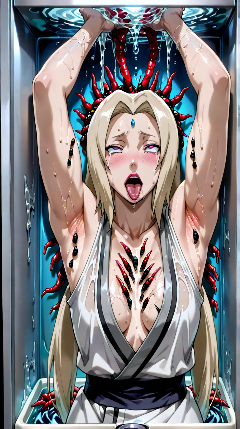 (slime vore) Three gorgeous women (varied height, varied weight, varied race, wearing a towel or less, crazy hairdo, crazy jewelry, tend towards fit and hourglass figure) they are scared and bent over covering their eyes in a steamy women's locker room, being caught by giant tentacles which forcefully restrain their arms and legs while being anal sex by horror monster 'The Blob', damsel in distress, damsel demise. One woman is live streaming about how scared she is while holding her cell phone