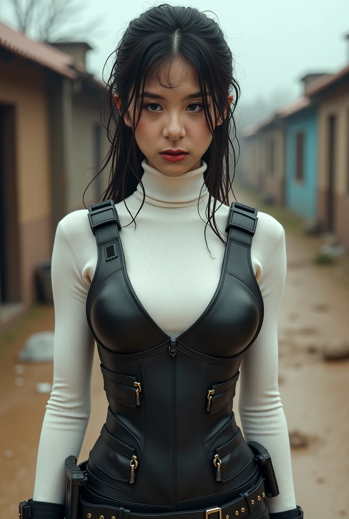 A young chinese woman, Best image quality, Excellent details, Ultra-high resolution, (realism: 1.4), ((Cowboy Shot:1.4)), Best illustrations, Favorite Details, A very condensed woman, 20 years old, Beautiful and delicate facial features, Perfect Proportions, ((From above)),((((Lie on your back on the ground, Close ~ eyes,defeat,painfull)))),Curved Breasts, Chubby:0.4, ((A body like a beauty woman)),((I like wearing hijab suits, Black and grey mech, Military Harness)), The background is a dark green dense forest