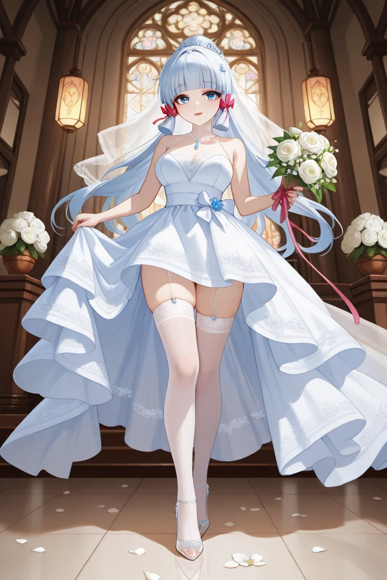 ((Best quality))),((Ultra-detailed)),((illustration)),((Disheveled hair)),((frilld)),(1 girl),(Solo),
1girl,blue bow,blue eyes,blue flower,blue ribbon,blue rose,bouquet,breasts,dress,flower,gradient,gradient background,grey background,jewelry,long hair,necklace,petals,rose,solo,veil,wedding dress,white dress,lexington \(warship girls r\),long dress,full body,Brown hair