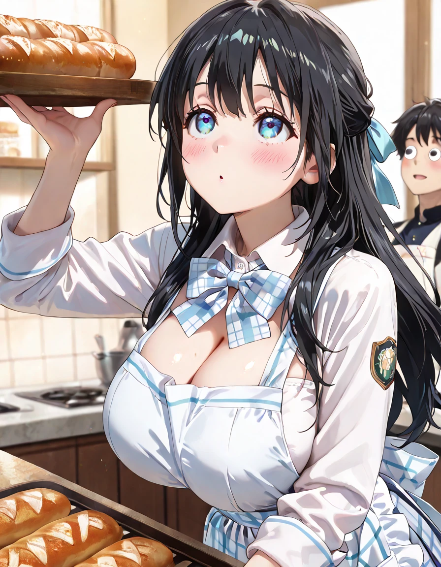 (highest quality), (masterpiece), 1080p, hd, 4k, 8K, breasts on tray, breast rest, tray, breasts out, large breasts, holding, holding tray, blush, 1girl, upper body, nude, nipples, embarrassed, ((BODY OIL)), ((Sweat)), ((White panties)), maid, frill on the neck, classroom, bare shoulders, ((cleavage)), open mouth, fang teeth, panicked face, exposing nipples, Light Blue, small breasts, Low angle, long black hair, twin tails, blunt bangs, thigh high socks, 18-year-old,