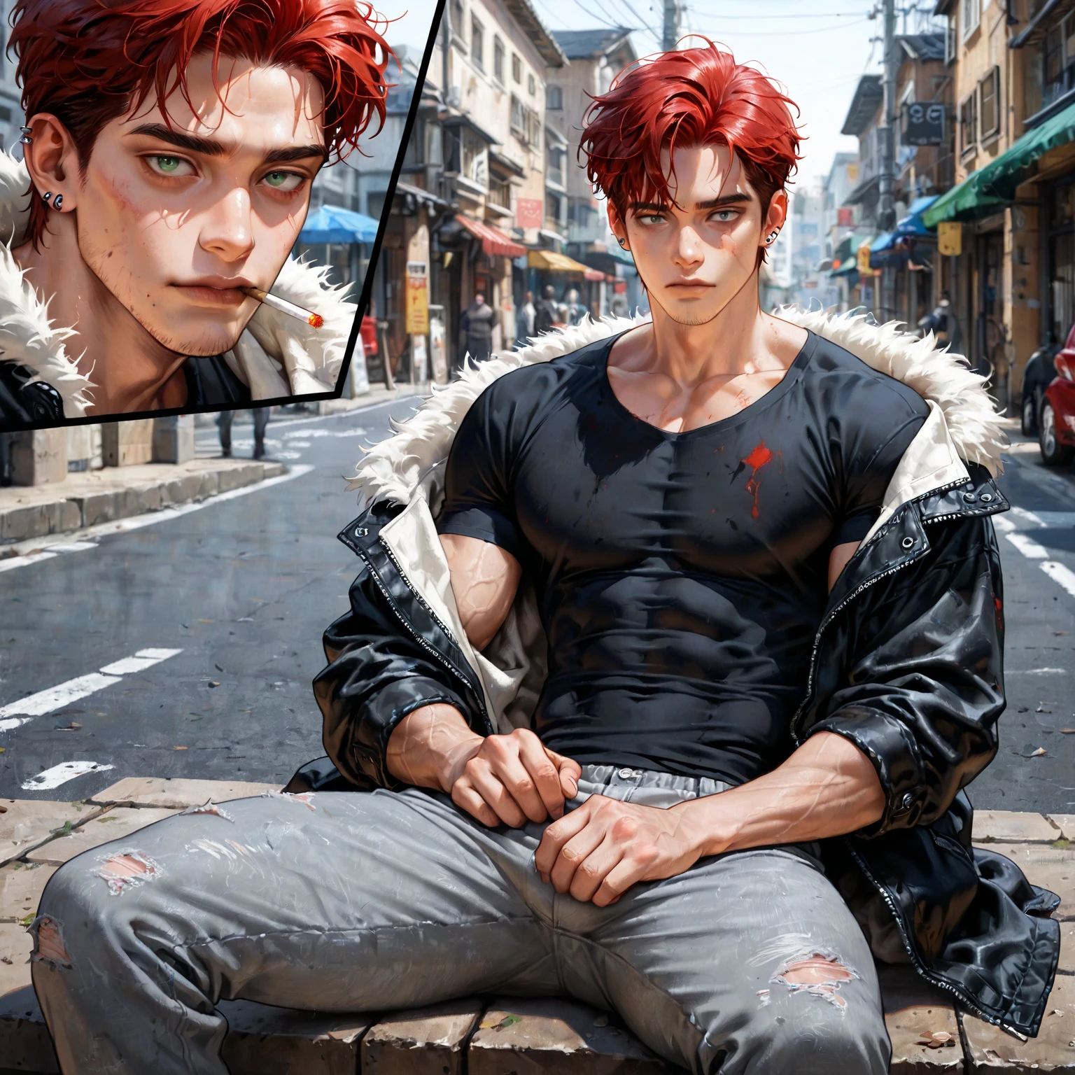 (masterpiece, best quality, highres, ultra-detailed), 1man, male focus, spiky black hair, grey eyes, handsome, detailed eyes and face, male body, earrings, ear piercing,  unbuttoned black blazer, white shirt, trousers, bare collarbones, chain necklace, city slums background, by amano akira, full body, cigarette, cigarette smoke, guy smoking,1guy, masterpiece