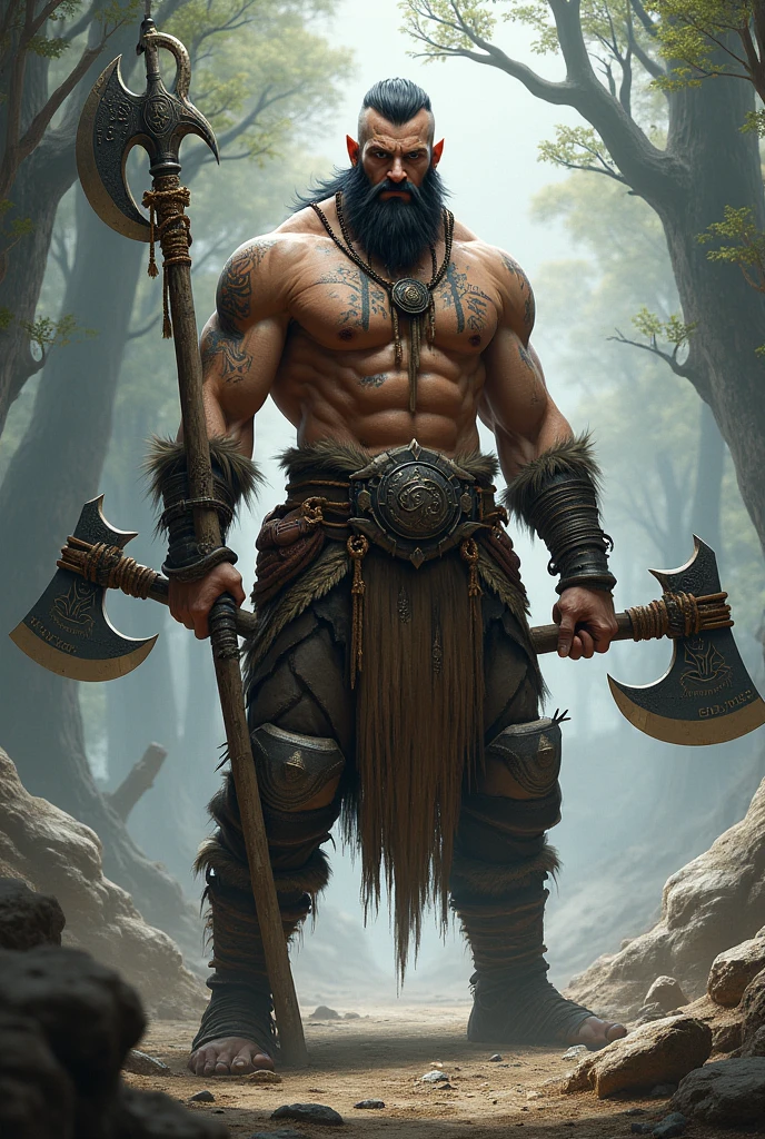PueDes Diseñarme un personaje para D&D, que sea De raza triflin, hombre De clase barbara, De una altura De 1.84 cm, De ojos color negros, long white hair, amante De la cultura, sostenienDo Dos hachas De mano, De piel color gris plateaDo, que tenga una eDaD De 25 años, carganDo un espaDon en la espalDa,