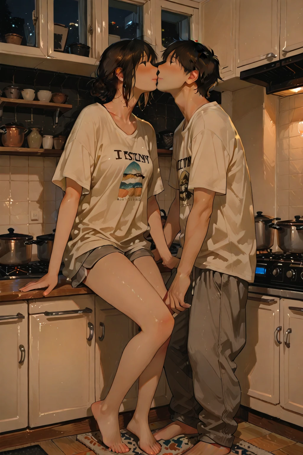 8K quality、High resolution、Realistic skin texture、High resolutionの瞳、Man standing in kitchen、Woman pressing her butt against man、A housewife seduces a man、Naked Apron、thin、Model Body Type、Ripe body、Realistic female genitalia