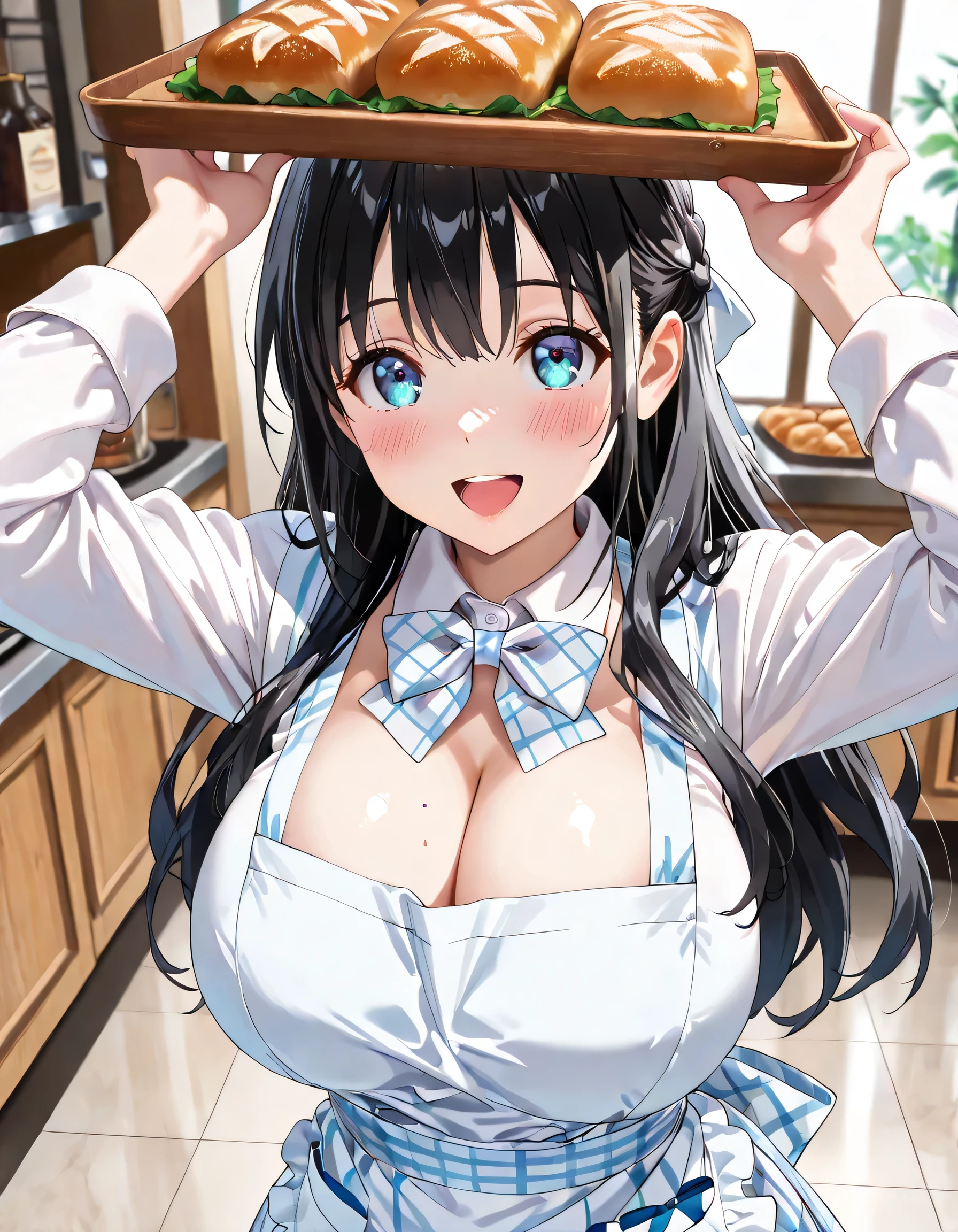 1girl, solo, hair ornament, (naked:1.3), (white apron), large breasts, cleavage, thighs, kitchen background, (blushing:1.3), naga, brown hair, ponytail, golden eyes, dark skin, gal, naga, lewd, she is wet and in sourcream, cream over the face,