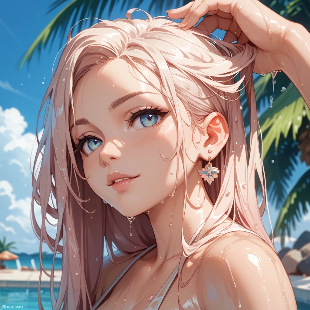 masterpiece++, darkskin++, tan++, mocha skin++, dynamic posing++, bathing suits++, tropical,nsfw+++, pigtails++,sexy ++, 1 girl+, pink eyes++, juicy lips++, full lips++, hearts++, ,long blonde hair with blue highlights with dark skin+++, honey eyes++, galaxy eyes++, beach background++, big boobs+++, thick thighs++, small waist+++, happy++, smiling++,