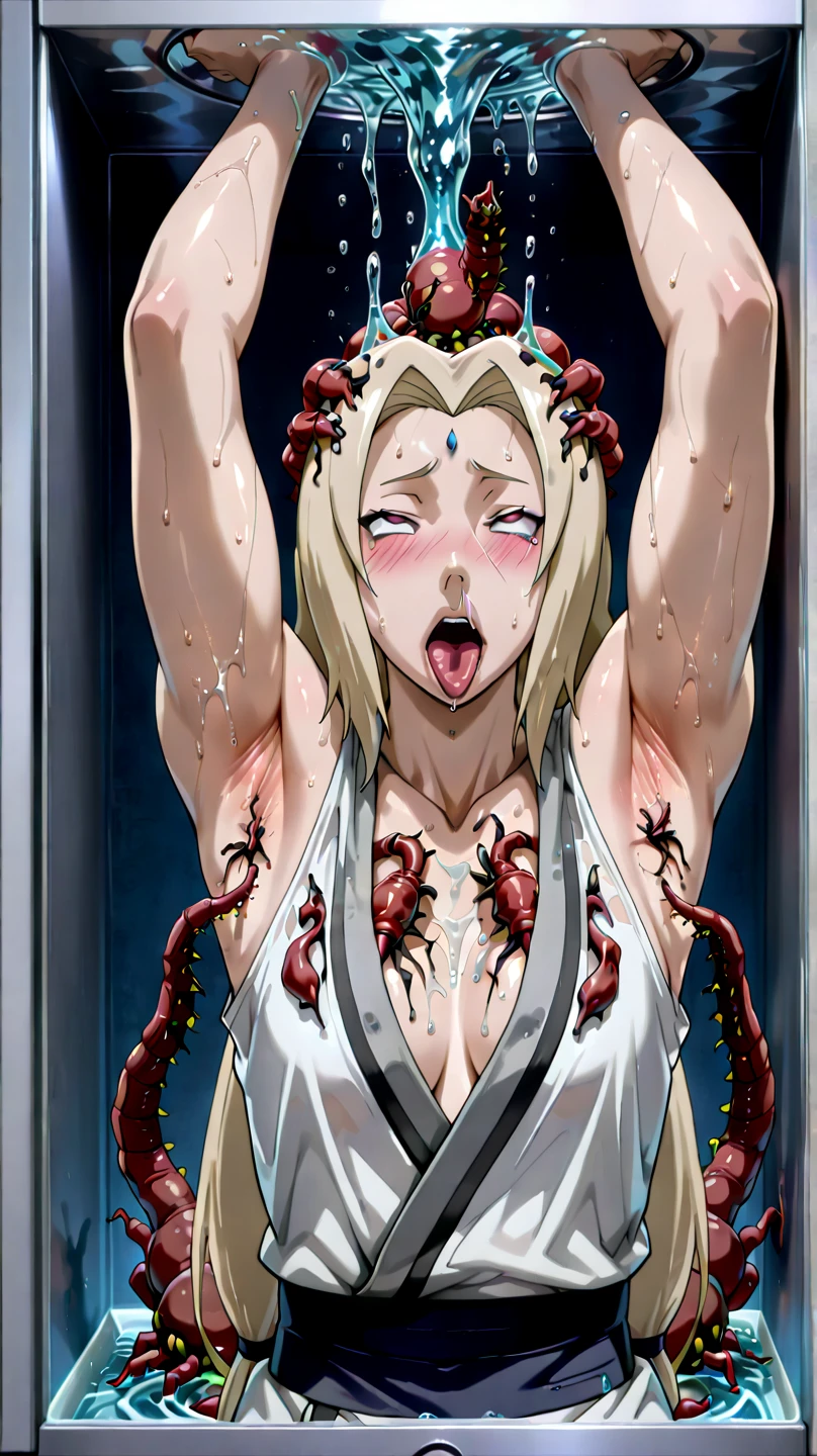 Blonde, naked, lying on the floor, nipples, legs spread in M-shape, pussy being pounded from below by a tentacle with protrusions, arms hanging from chains, legs restrained by machine, armpits, mouth open and drooling, machine rape, blindfolded, tentacle inserted deep into female genitals, drooling, small breasts, tiny breasts, stick stuck in pussy, legs spread in M-shape, tentacle inserted into pussy, squirting from pussy, knees raised