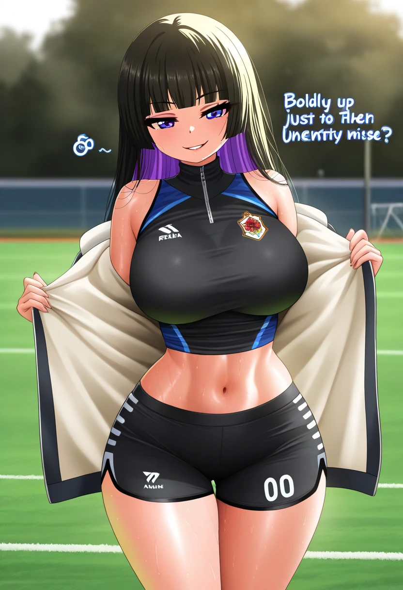 girl, big breasts, white short hair, black shorts, white T-shirt, blue eyes, football field background