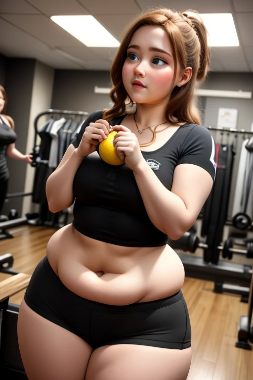 Girl with big belly eating sandwich 
