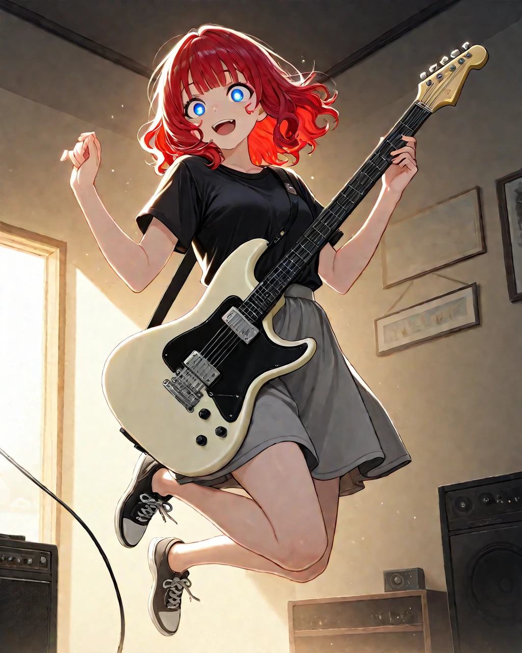 Female,curvy,red hair,orange eyes,playing guitar