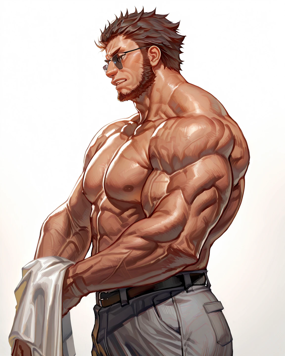  a man wearing black business pants, a white dress shirt and black suspenders, has a very dark brown topknot, muscular, in a dark alley, wearing glasses, solo, alone, in fighting pose, has super strength, using glowing electrical powers