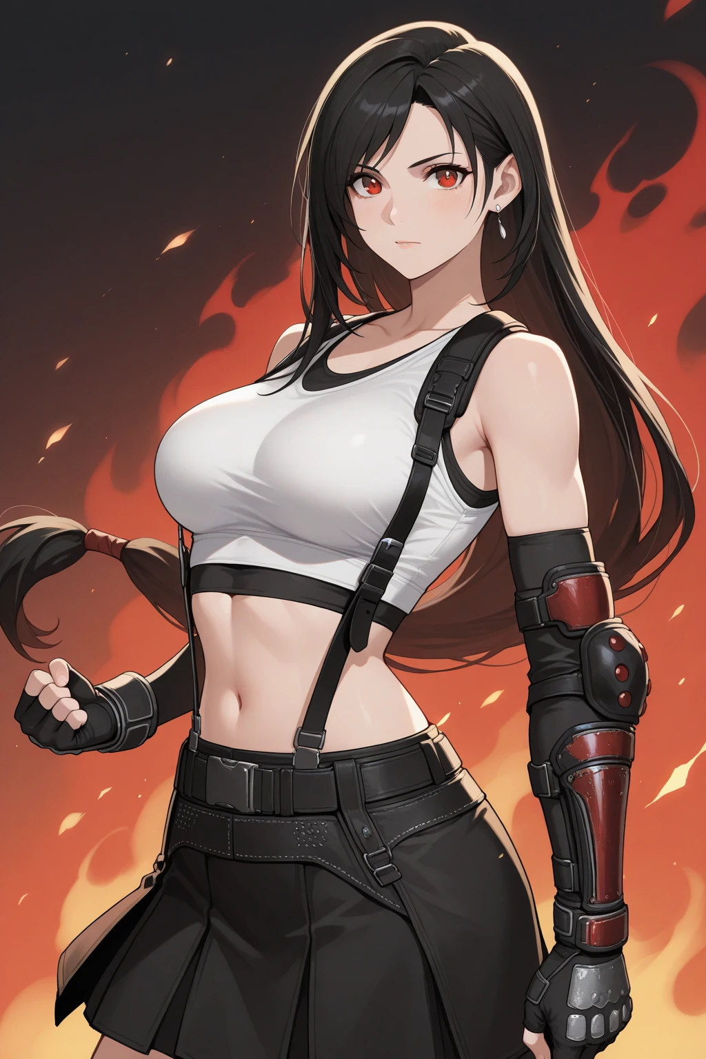 highest quality, masterpiece, 1 girl, ff tifa, Final Fantasy VII, tifa lockhart, cool pose. brunette colored hair, perfect body, huge cleavage, very full breasts, (abs:1.2), muscular, powerful weapon, White Women's Slingshot One Piece Mini Bikini