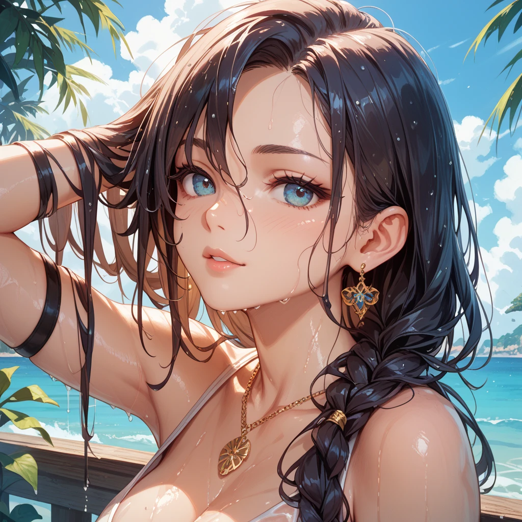 (8k, RAW foto, mejor calidad, (Obra maestra, super high quality, super detailed), anime style paisaje, chica joven, Absoluto, velas escarlatas, girl looking at the sea from the coast, camera looking at the sea, detalles intrincados, sailing ship with velas escarlatas, Una escena de una novela de Alexander Greene. "velas escarlatas" imagen de medio cuerpo, A beautiful women posing for a photograph in an alley, brown ponytail, golpes, risa feliz, blue eyes, Cuerpo magro musculoso, perfect anatomy, Looking to the camera, Time of the day, cielo azul, estilo animado, al aire libre, tendencia en artstation, Oh!, sakimichan muy sensual, con ropa original cuerpo entero, muy realista, extremadamente realista, extremadamente sexy, 8k, 8k extremadamente detallado), (un extremadamente delicado y hermoso), (obra maestra), (mejor calidad: 1.0), (ultra high resolution:1.0)