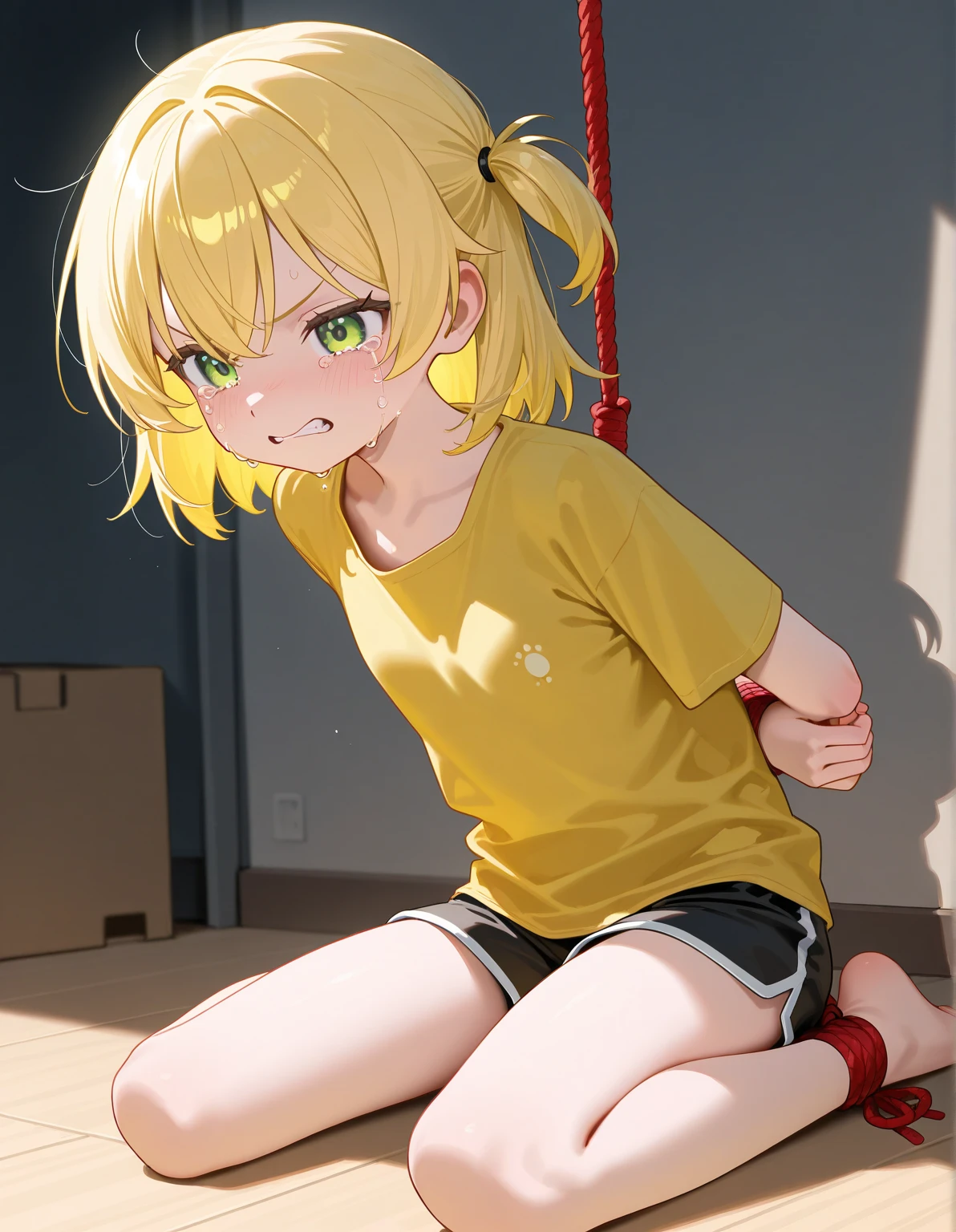 Only One Woman、Blonde、Sharp, pointed ears、Short Bob、short hair、Small size breasts、Flat Chest、Visible nippleini tank top dress、Tattered Dress、Wearing a light brown dress、barefoot、Urinating in a cave、Spread your legs、Squat positions、Open your mouth、Blushed face、Embarrassing、Closed eyes、Shortness of breath、Suppressed、Handcuffs、Shackles、Bound in chains、Hands above head