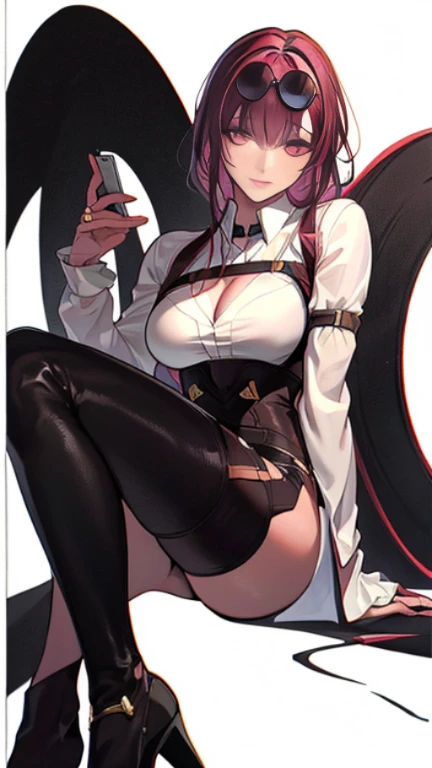 High detailed, 1 girl, solo, baby-blue colored gigantic large hair, hair over one eye,purple eyes, busty, firm chunky body, burgundy shirt, , deep cleavage, Juliet sleeves, pencil skirt, black thighhighs, red gloves, holding her own hands, Sad eyes